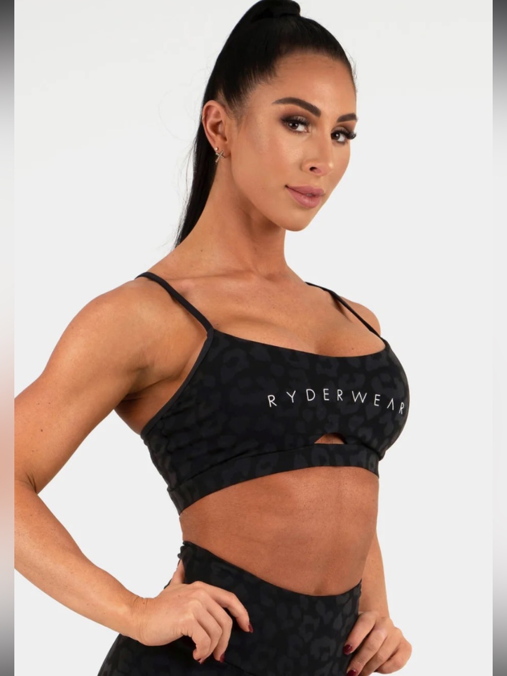 RYDERWEAR Women's Animal Leopard Print Black Sports Bra w/ Adj. Straps - Sz XS